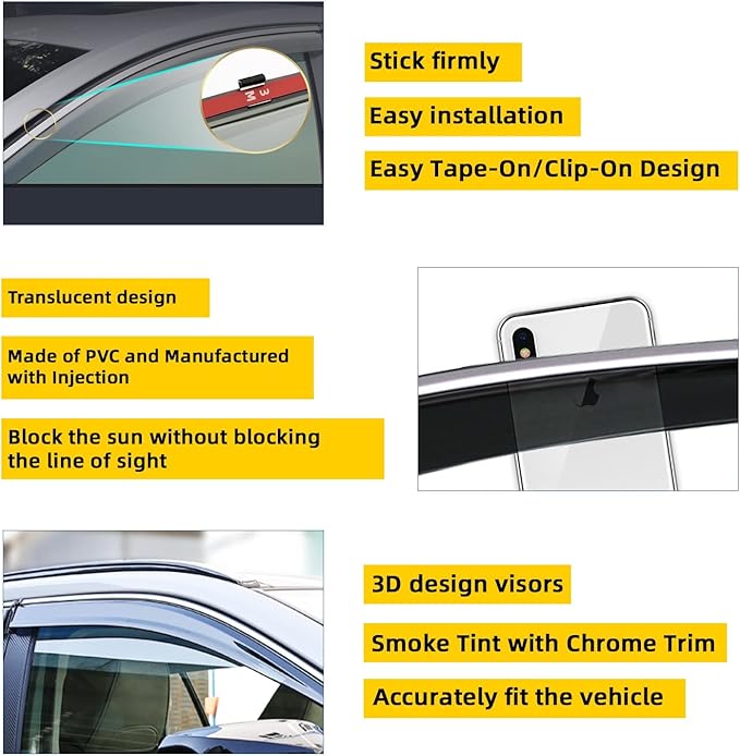 4pcs Smoke Tint with Chrome Trim Outside Mount Tape On/Clip On Style PVC Sun
