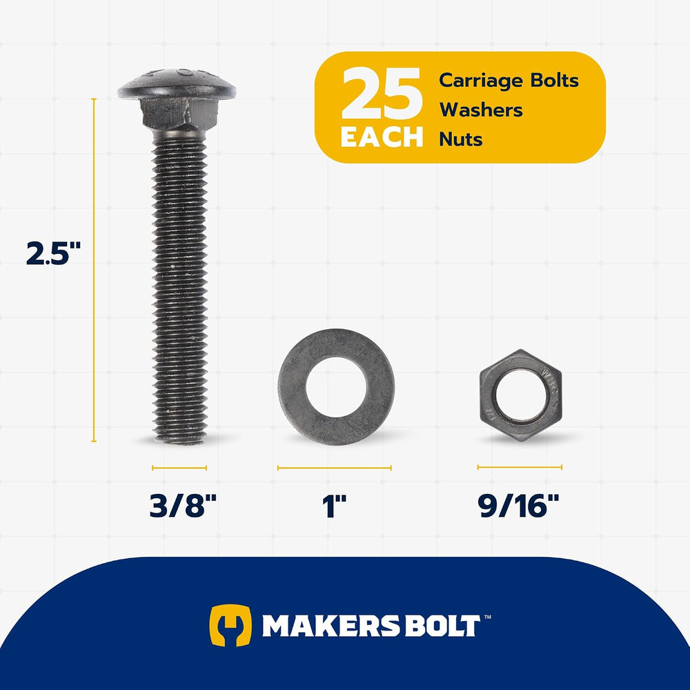 3/8" x 2-1/2" (25 Pack) Black Carriage Bolt Kit, Grade 307A, Cerami...