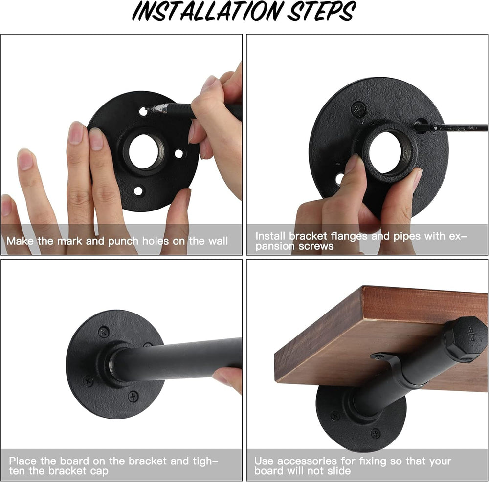 10 Inch Industrial Pipe Shelf Brackets Set of 8, Black Wall Shelving