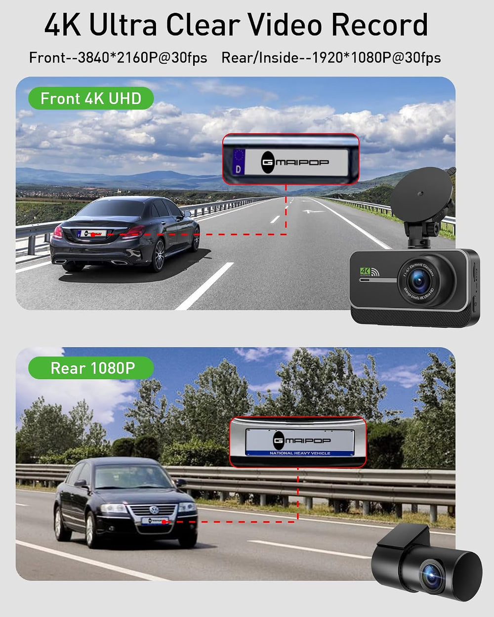 Dash Cam Front and Rear,4K+1080P WiFi Dual Dash Camera for Cars with App, 3&q...