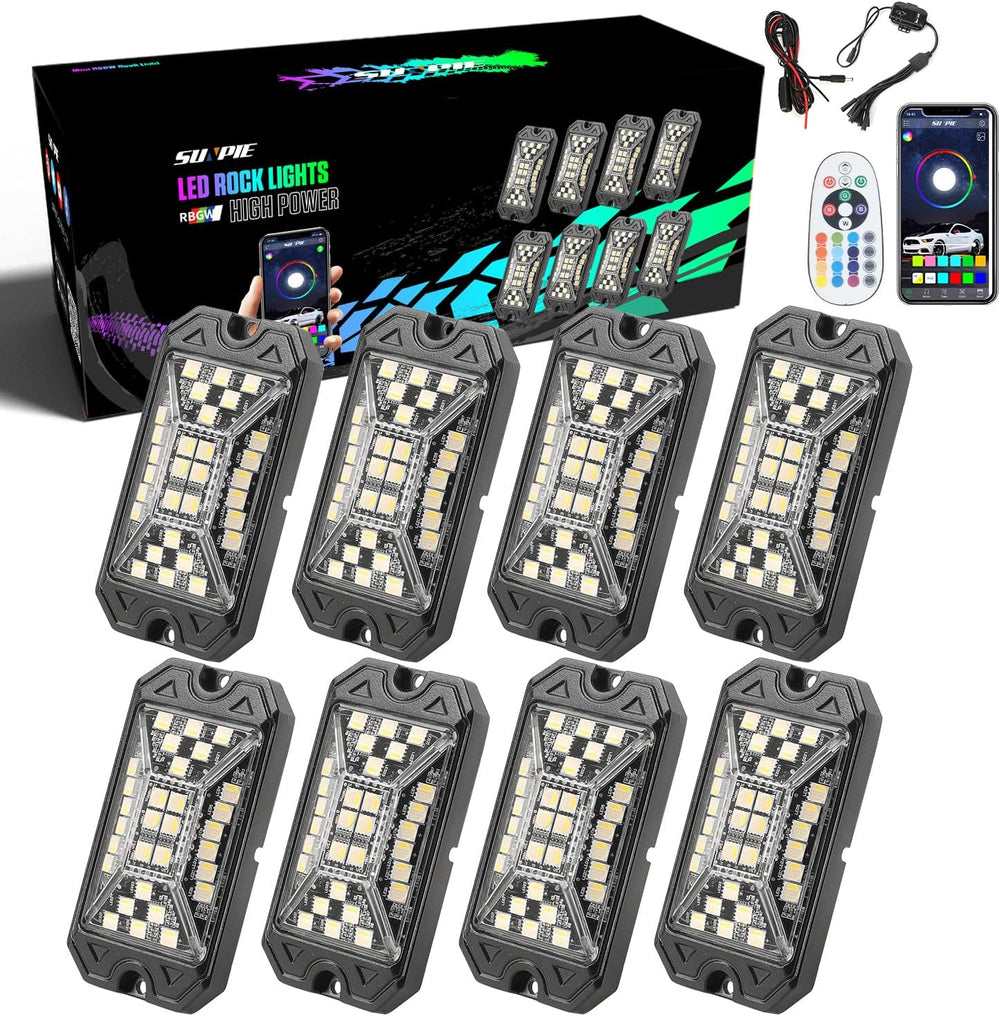 SUNPIE 8 Pods RGBW Rock Lights – Full Beam Angle, 30 High Power Chips, Alumin...