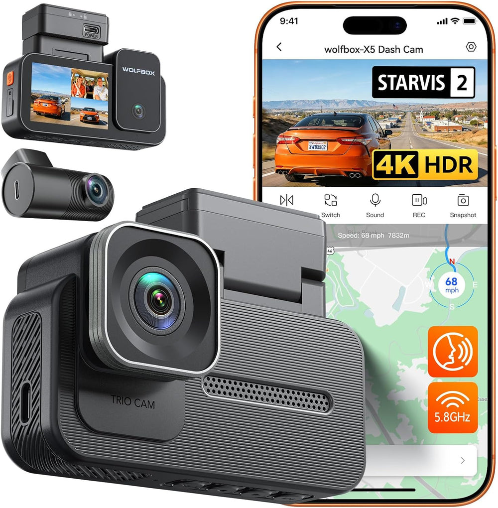 WOLFBOX X5 3 Channel 4K HDR Dash Cam, STARVIS 2 IMX678 8MP Night Vision