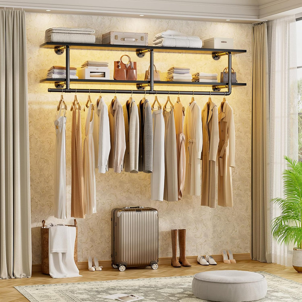 Aheaplus Industrial Pipe Clothing Rack, Wall Mounted Closet Shelf with Rod