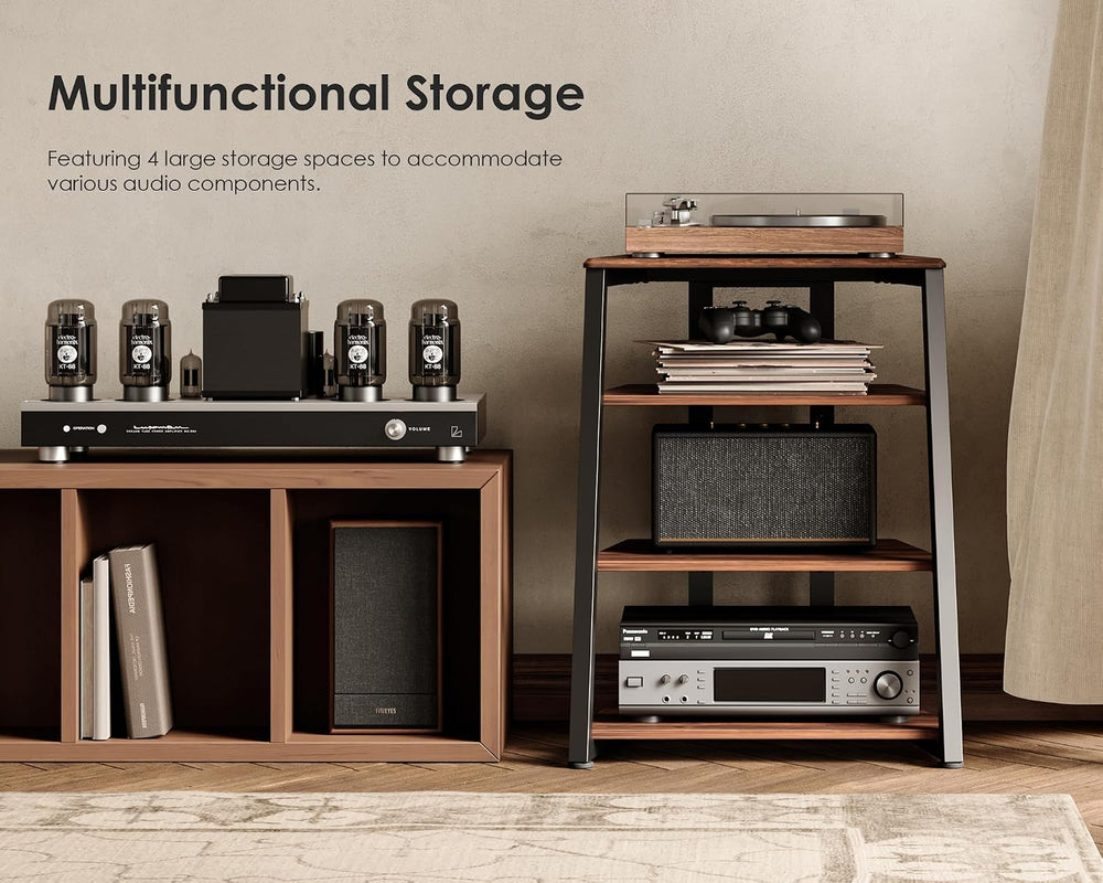 FITUEYES 4-Tier AV Media Stand Corner Shelf for Record Player HiFi, Walnut