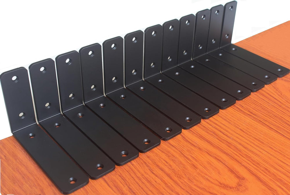 12 Pack - L 6" x H 4" x W1.5, 5mm Thick Black L Shelf Bracket, Iron...