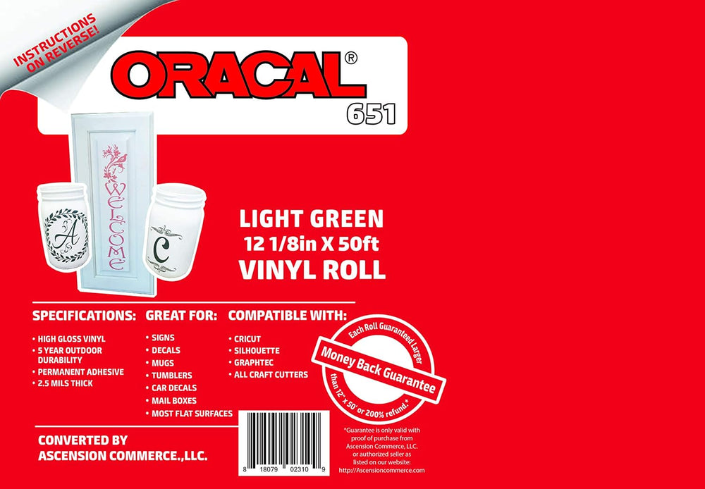 12.125" x 50ft Roll of Oracal 651 Light Green Craft Vinyl - On a 2.5&quo...