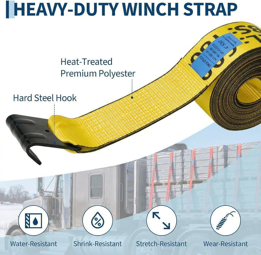 4 Pack Heavy Duty 4 in x 30 ft Winch Straps with Flat Hooks, 6,000 Lbs WLL / ...