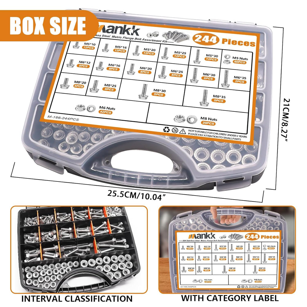 mankk 244PCS 304 Stainless Steel Metric Flange Bolts and Nuts Assortment Kit ...