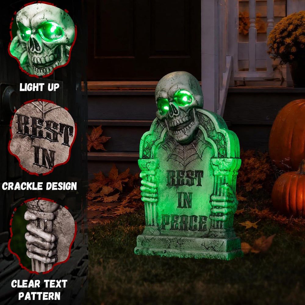 Halloween Decoration Animatronic Tombstone with Skull & Pillars, Sound Ac...