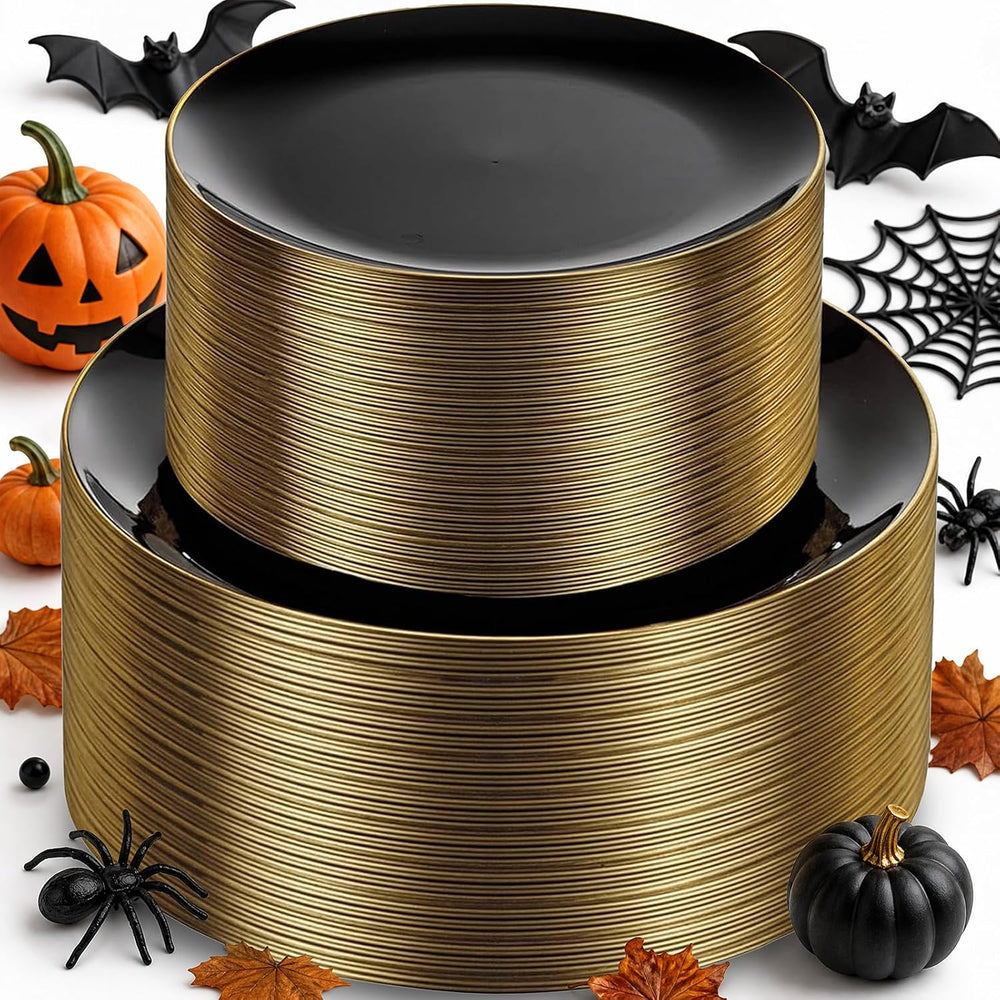 KIRE 100PCS Black and Gold Plates - Black Plastic Plates Disposable with Gold...