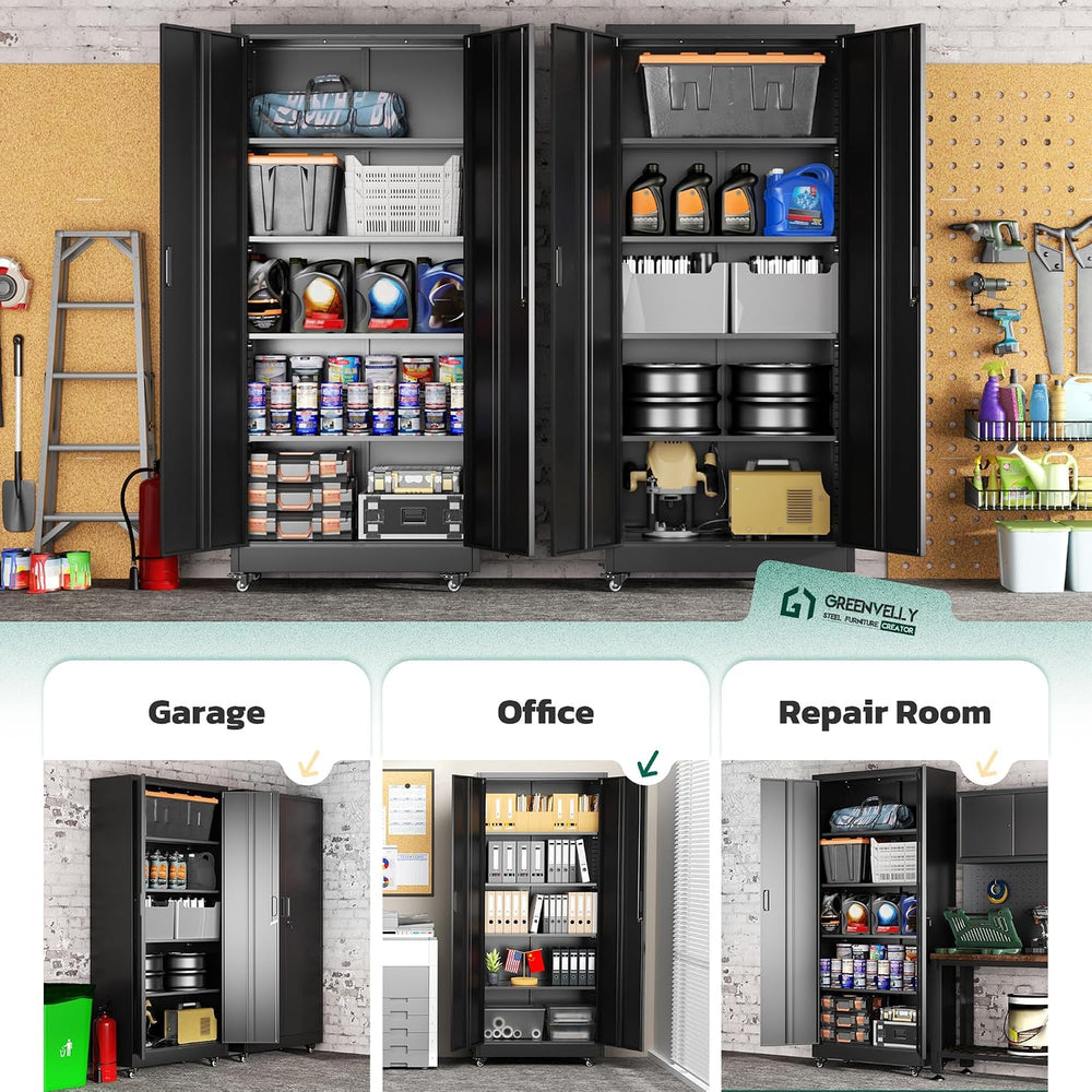 Greenvelly 73" Rolling Storage Cabinet,Black Metal Garage Cabinet with L...