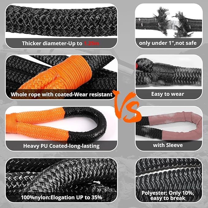 Kinetic Recovery Tow Rope: 1.25" x 30ft 54000LBS Snatch Strap Heavy Duty