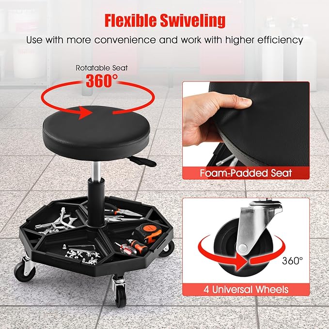 IRONMAX Rolling Mechanic Stool, Adjustable Shop Stool Creeper Seat