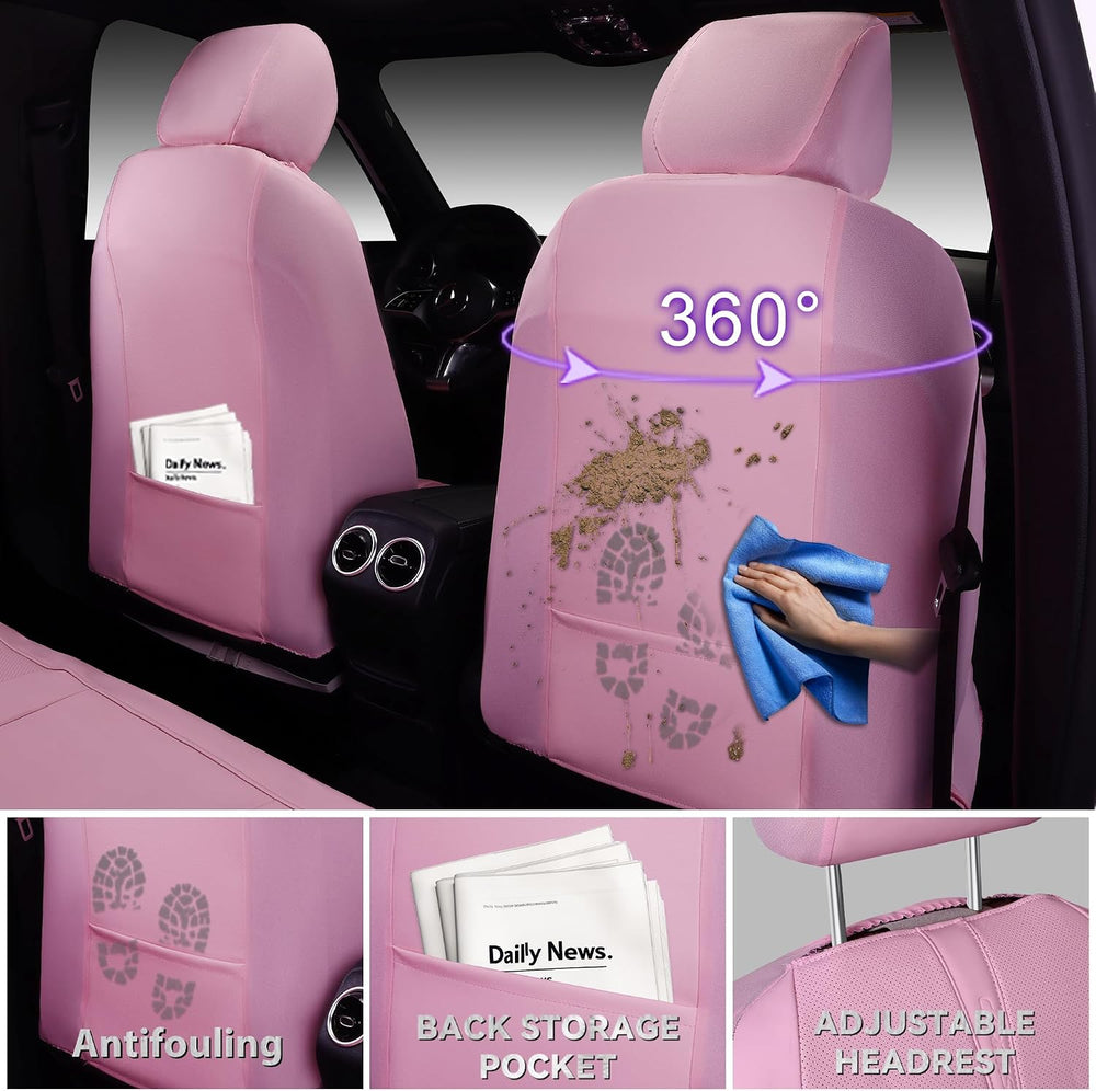 CAR PASS Pink Leather Seat Covers Full Set, Water Resistant 3D Foam Faux Leat...