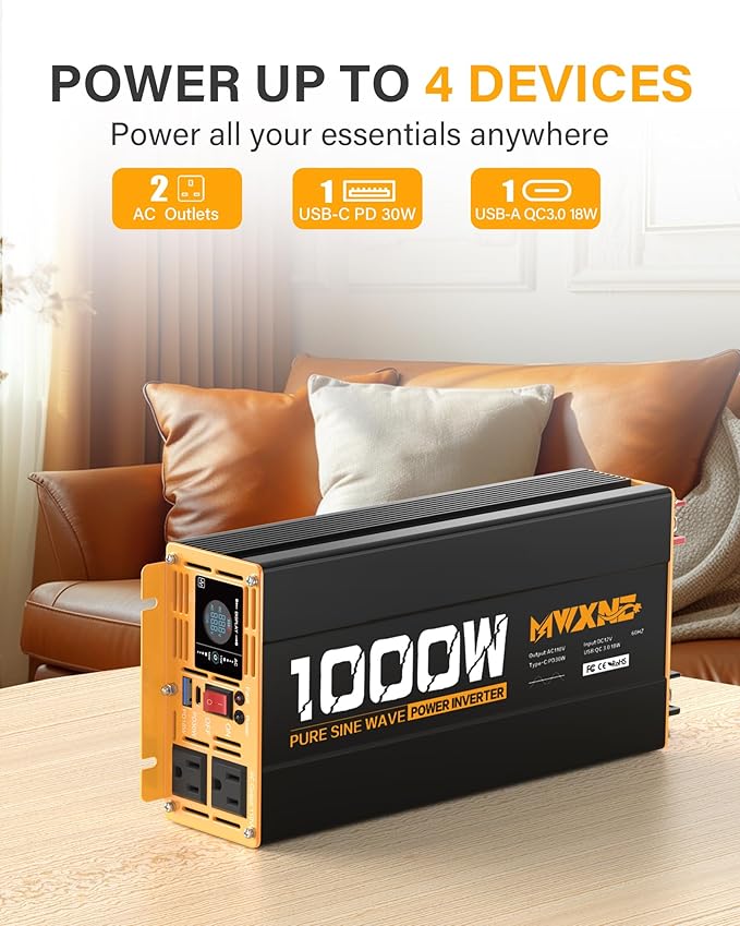 1000W Pure Sine Wave Power Inverter 12V DC to 110V 120V AC Converter