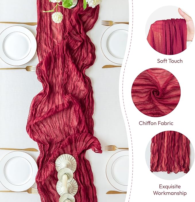 Sioloc Burgundy Red Cheesecloth Table Runner Fall Autumn Decor for Home 10ft ...