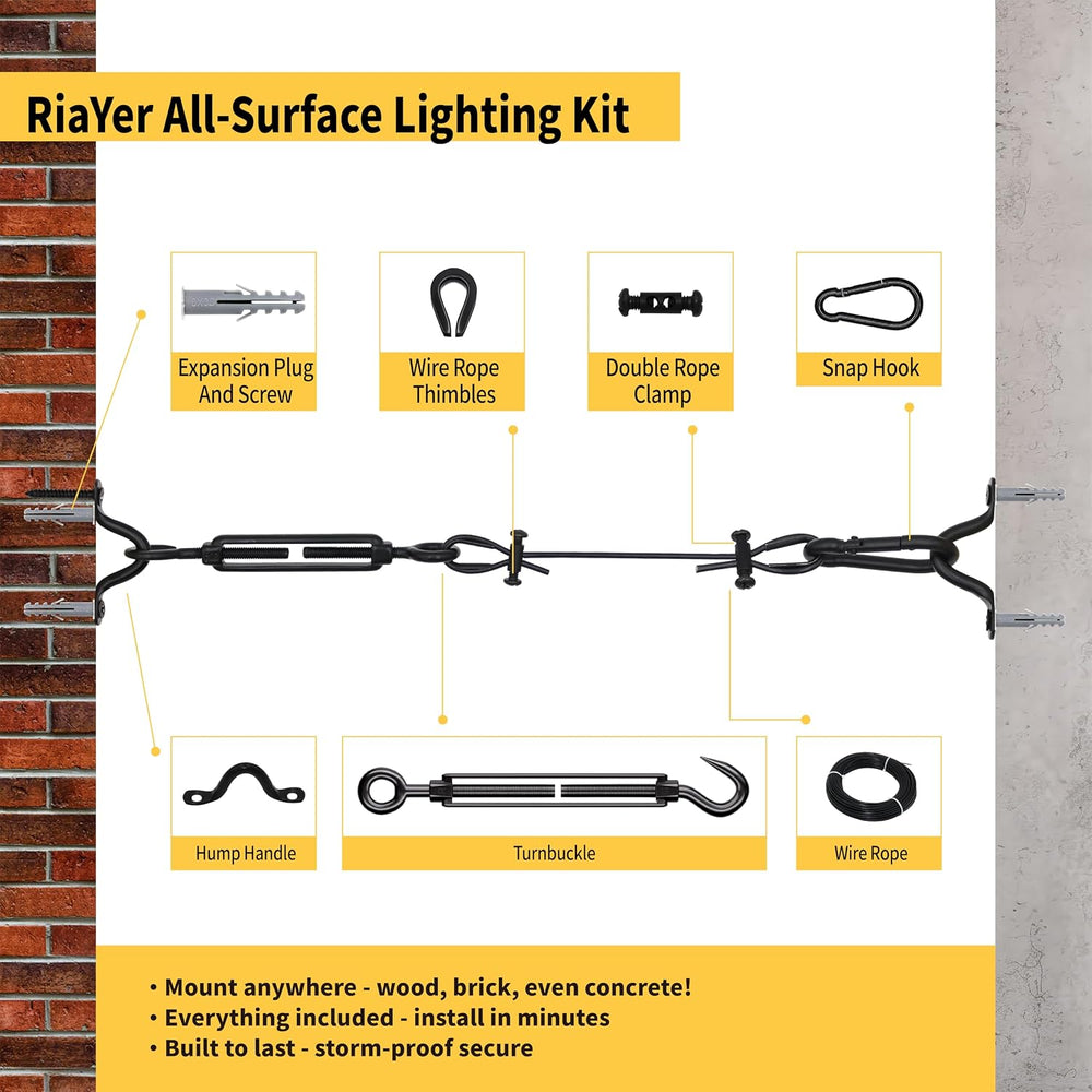 All-Black Globe String Light Suspension Kit, Guide Wire, 165FT