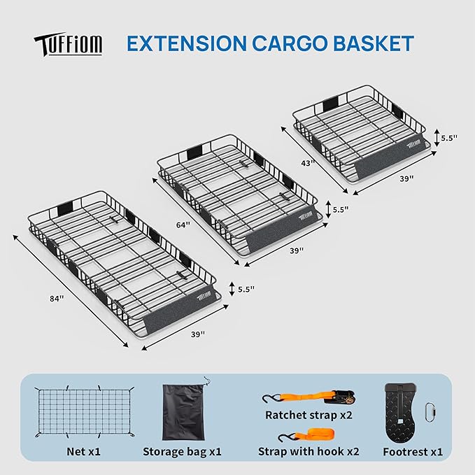 TUFFIOM 84"x 39"x 6" Universal Rooftop Cargo Carrier Basket, E...