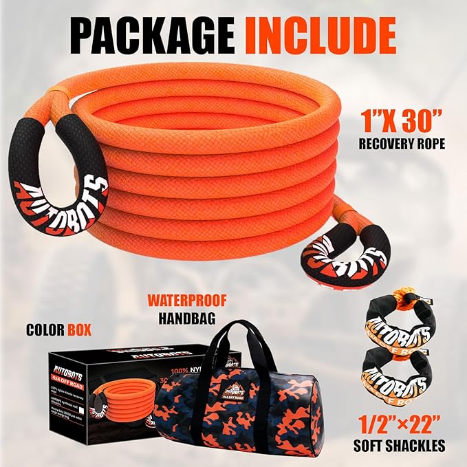 AUTOBOTS Kinetic Recovery Rope 1" x 30'+2 Soft Shackles,Heavy Duty T...