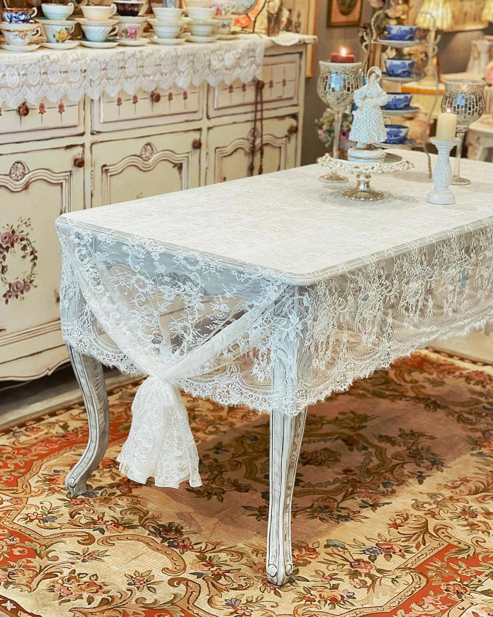 LuoluoHouse 2 Pack 60 x 120 Inch White Lace Rustic Table Cloths Vintage