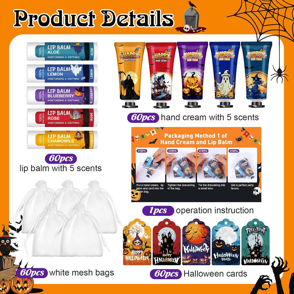 60 Pack Halloween Hand Cream and Lip Balm Set for Women, Halloween Gifts