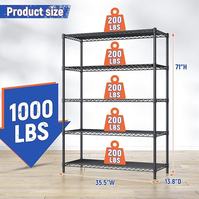 5 Tier Storage Shelves 71"H Wire Shelving Adjustable Metal Shelving, 100...