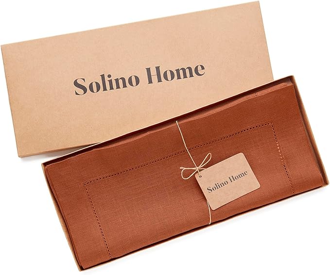 Solino Home Linen Hemstitch Table Runner 36 Inches - 100% Pure Linen Cinnamon...