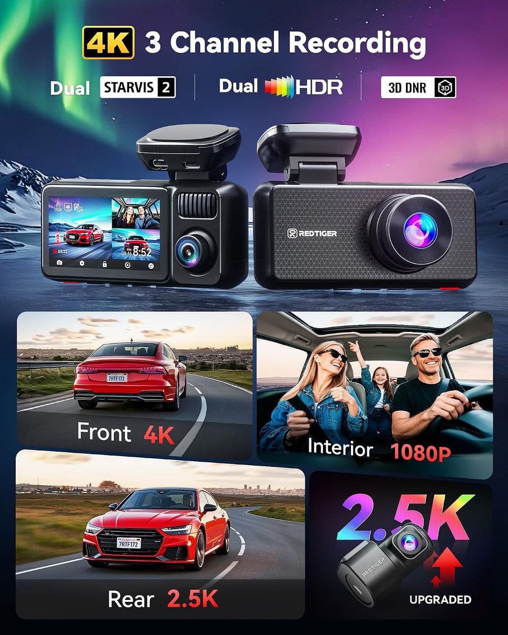 REDTIGER F17 Elite 4K Dash Cam 3 Channel, STARVIS 2 IMX678 & IMX675, 128G...