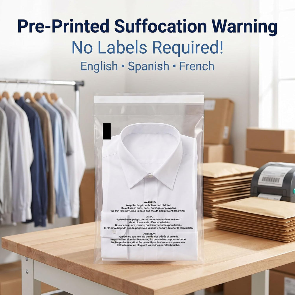 10” X 13” (1000 Count) Self Seal Clear Poly Bags with Suffocation Warning