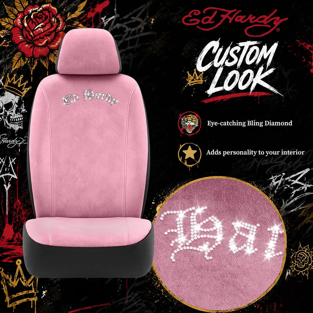 ED HARDY Car Seat Covers, Pink Soft Short Plush & Silver Diamond Graphic