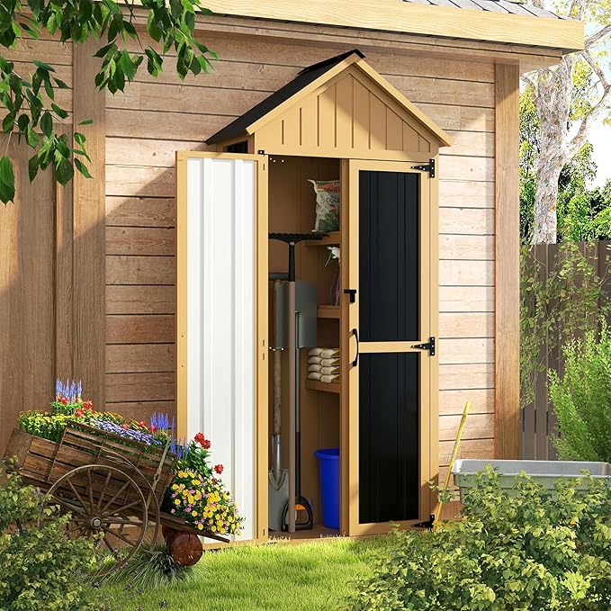 Outdoor Storage Cabinet with Shelf, Wood & Metal Storage Shed with Lockable