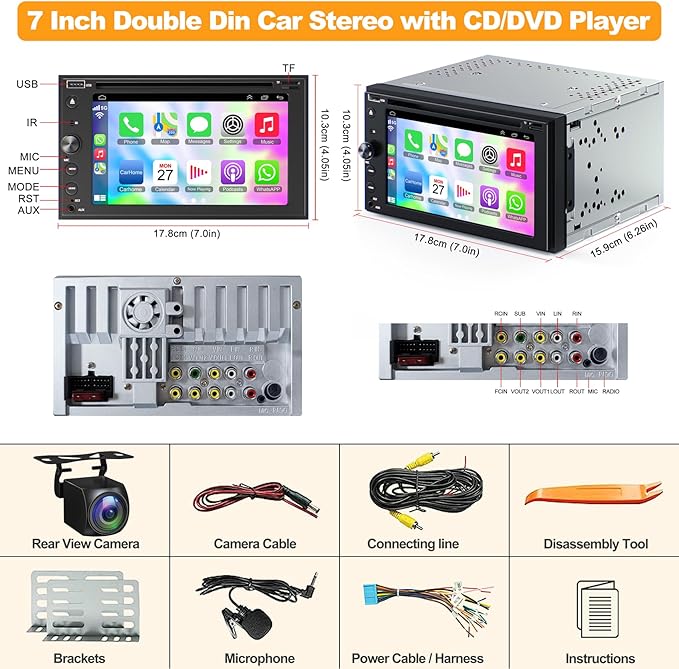 Double Din Car Stereo with CD/DVD Player Apple Carplay & Android Auto, 6....