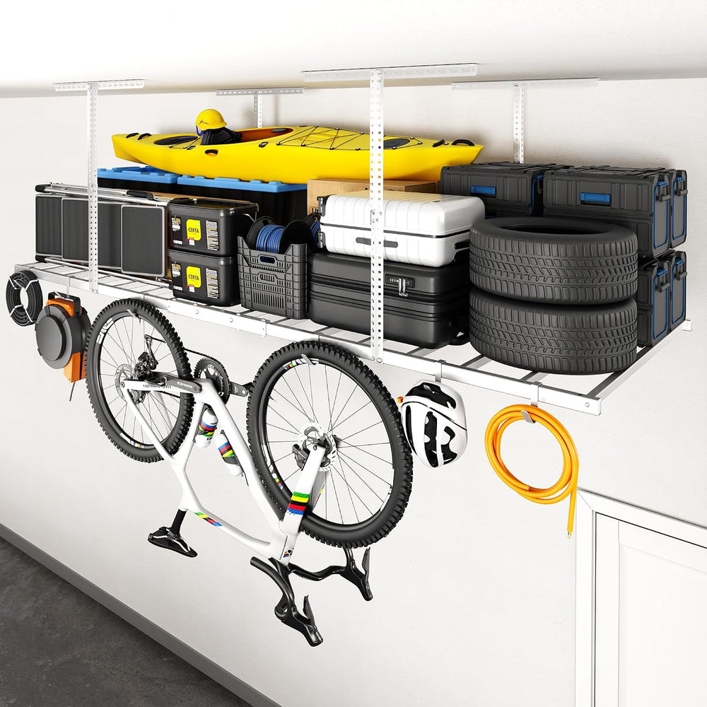 FLEXIMOUNTS 4x8 Overhead Garage Ceiling Storage Rack with 6 Hooks, White