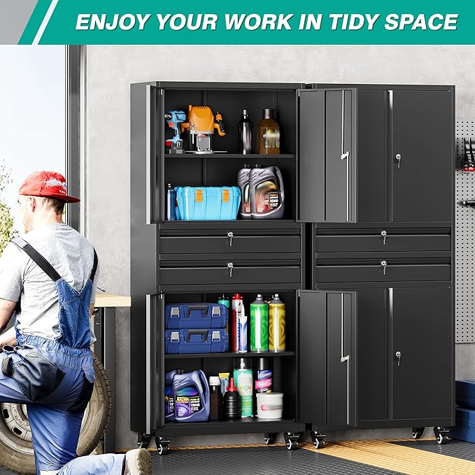 Metal Storage Cabinet with Wheels and Drawers, Rolling Garage Storage Cabinet