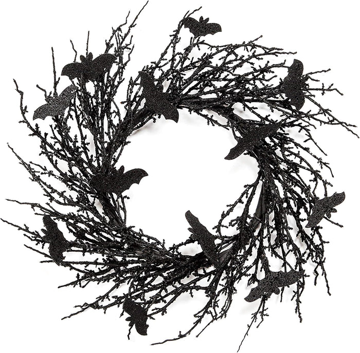 18 Inch Black Bat Wreath with Glitter Bats - Halloween Decorations