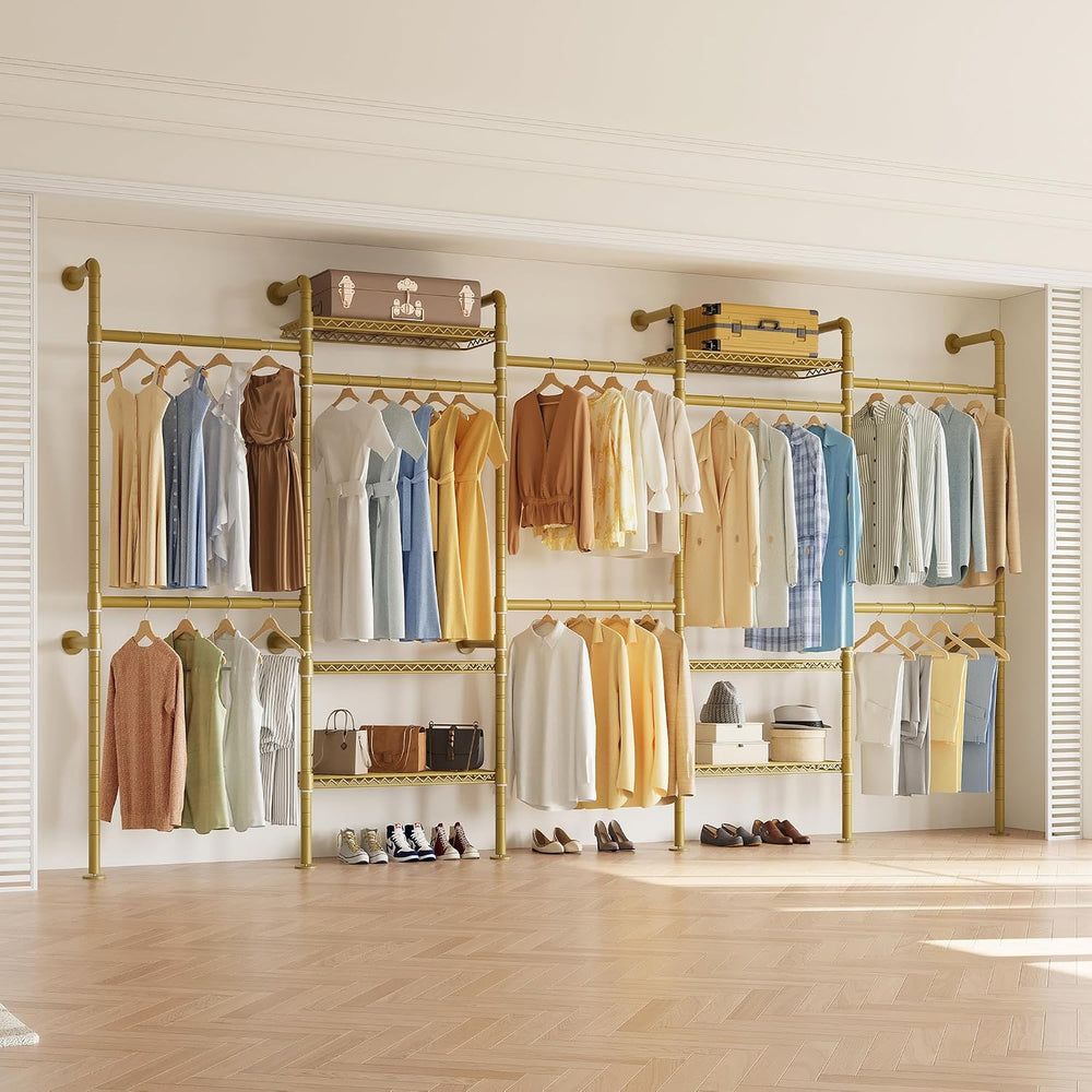 Higeego W5 Industrial Pipe Clothes Rack, Heavy Duty Clothing Rack, Gold