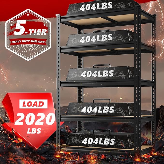 REIBII 2020LBS Storage Shelves 5 Tier Garage Shelving Heavy Duty Adjustable