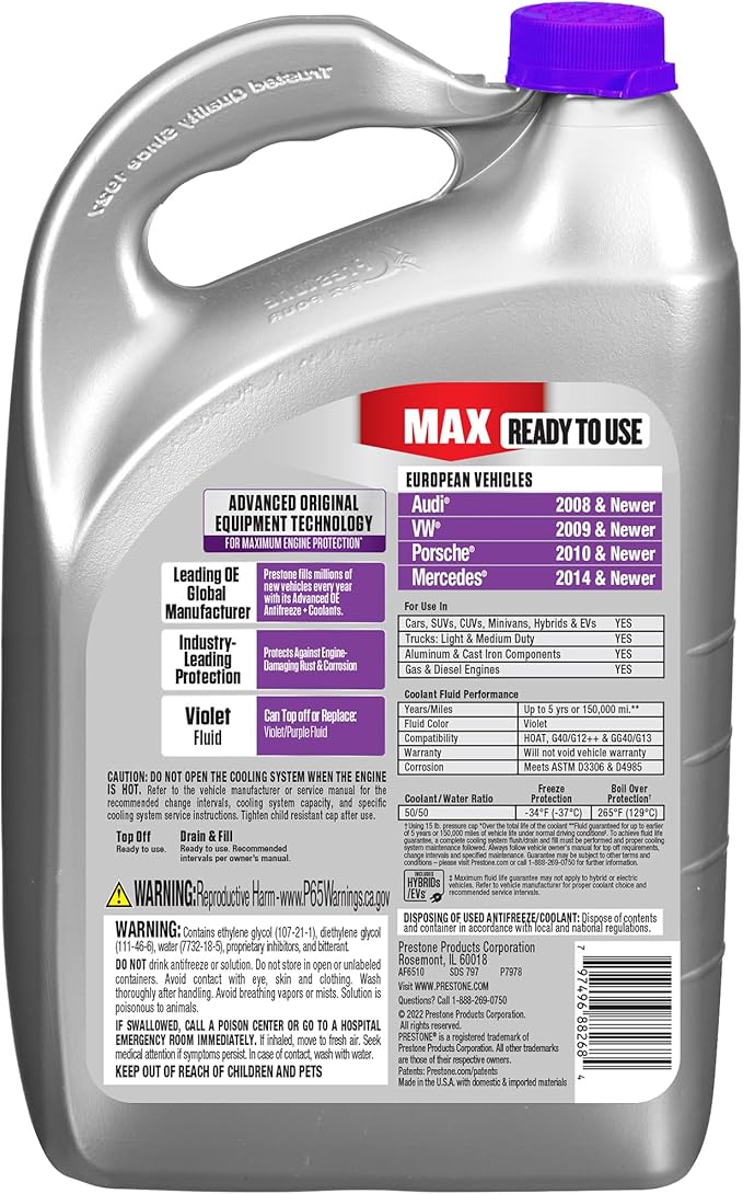 Prestone AF6510 MAX European Vehicles Violet Antifreeze and Coolant, 1 Gallon...