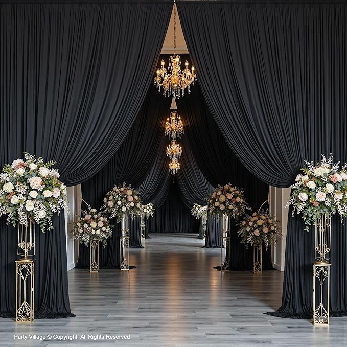 PartyVillage 50ft×15ft Black Backdrop Curtain for Halloween Parties, 10 Panel...