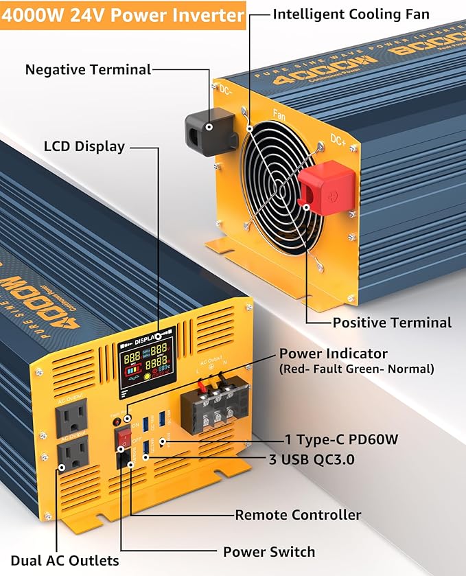 4000W Pure Sine Wave Power Inverter DC 24V to AC 110V 120V