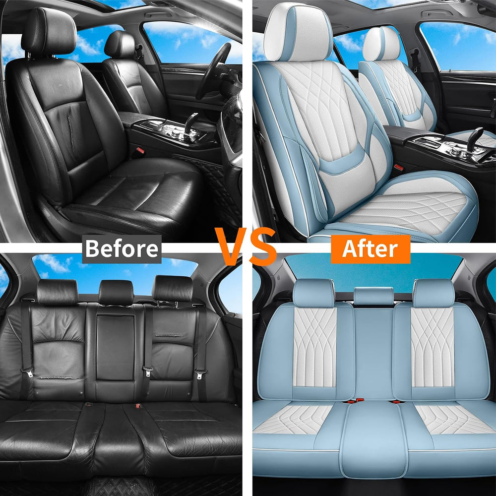 Blue White Car Seat Covers Full Set Universal 5-Seat Full Coverage