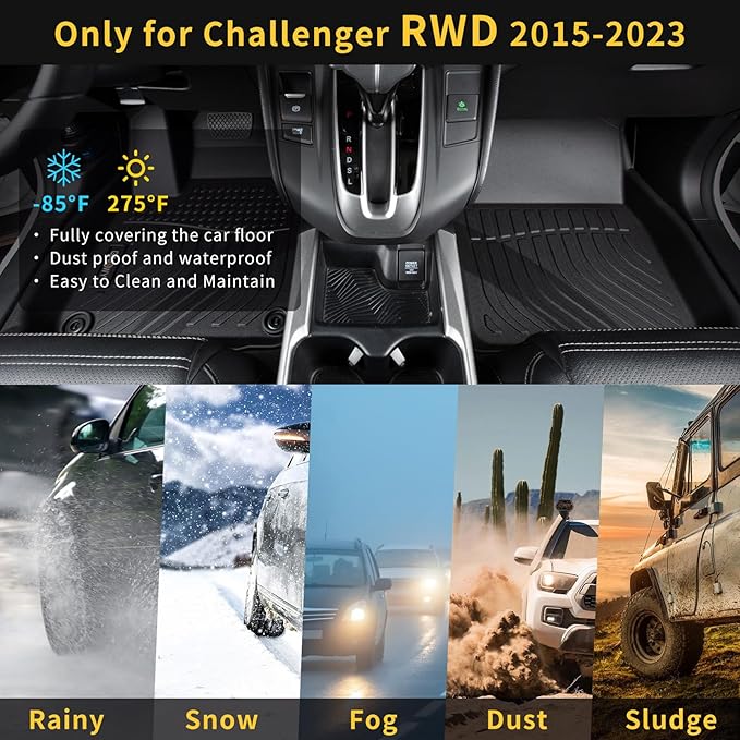 GINOWY-Floor Mats for Dodge Challenger RWD 2015-2023, TPE All Weather