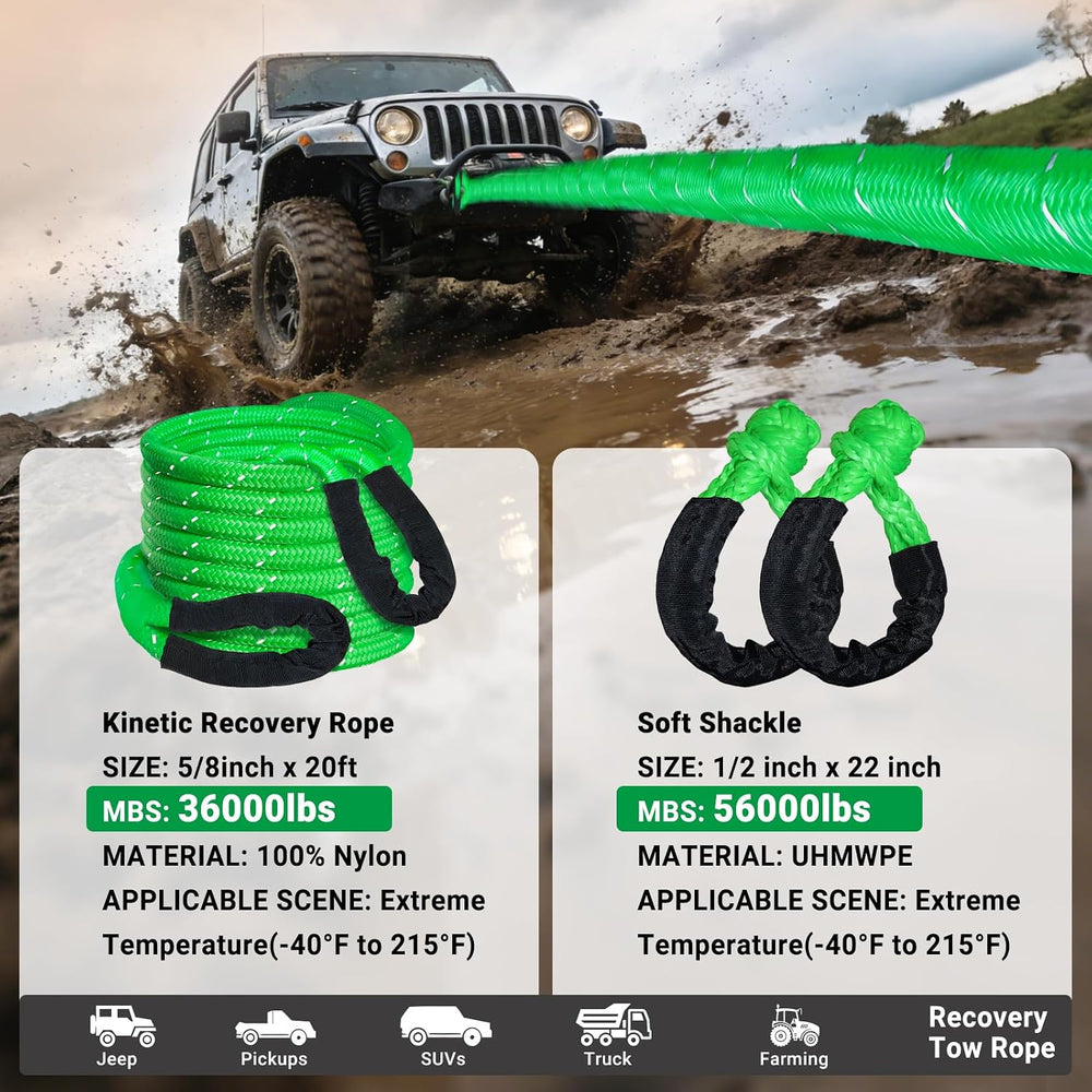 Kinetic Recovery Tow Rope 5/8" x 20ft Tow Strap 36000lbs Snatch Strap wi...