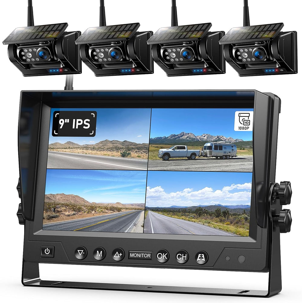 4 Magnetic Solar Wireless Backup Camera HD1080P 9" Loop Recording Monitor