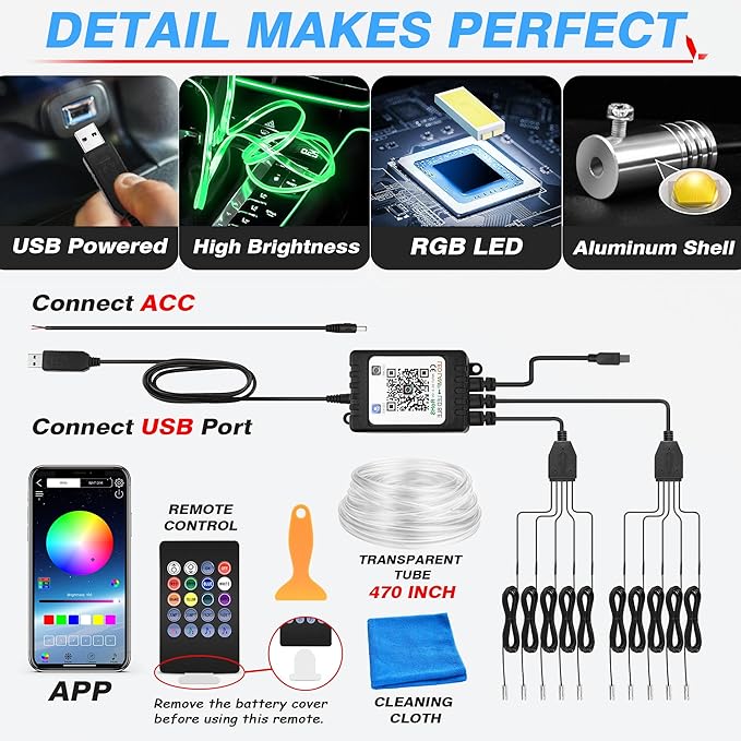 MICTUNING Car LED Interior Strip Light, 10 in 1 RGB Multicolor
