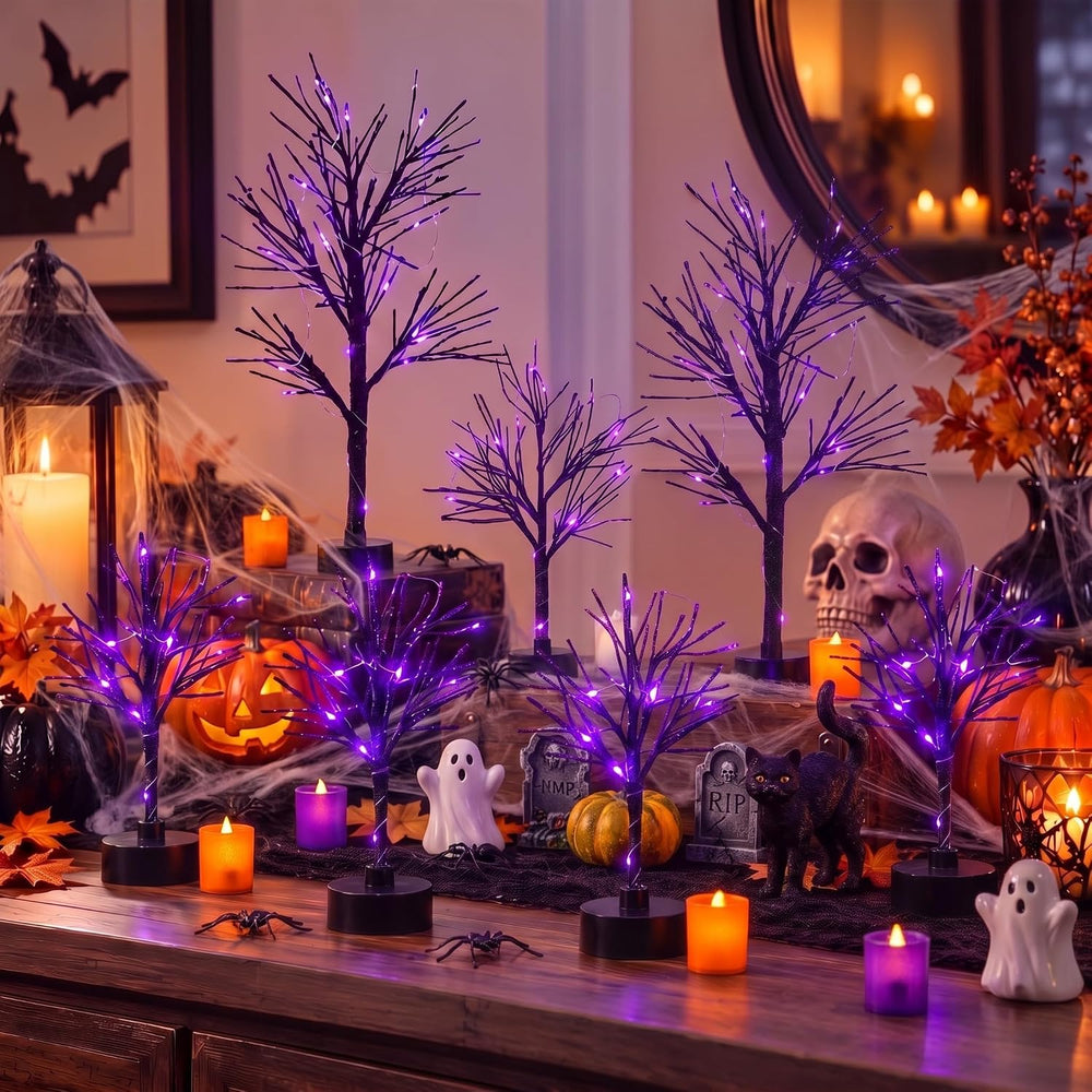 Baquler 7 Pcs Halloween Village Trees with Lights, LED Black Birch Decor
