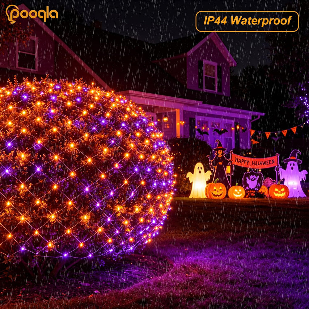 Pooqla Orange and Purple Halloween Net Lights Outdoor, 21x 5ft Green Wire