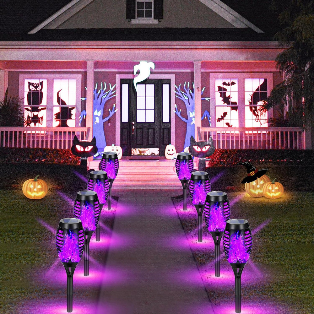 Purple Halloween Solar Lights Outdoor with Flickering Flame, 10 Pack