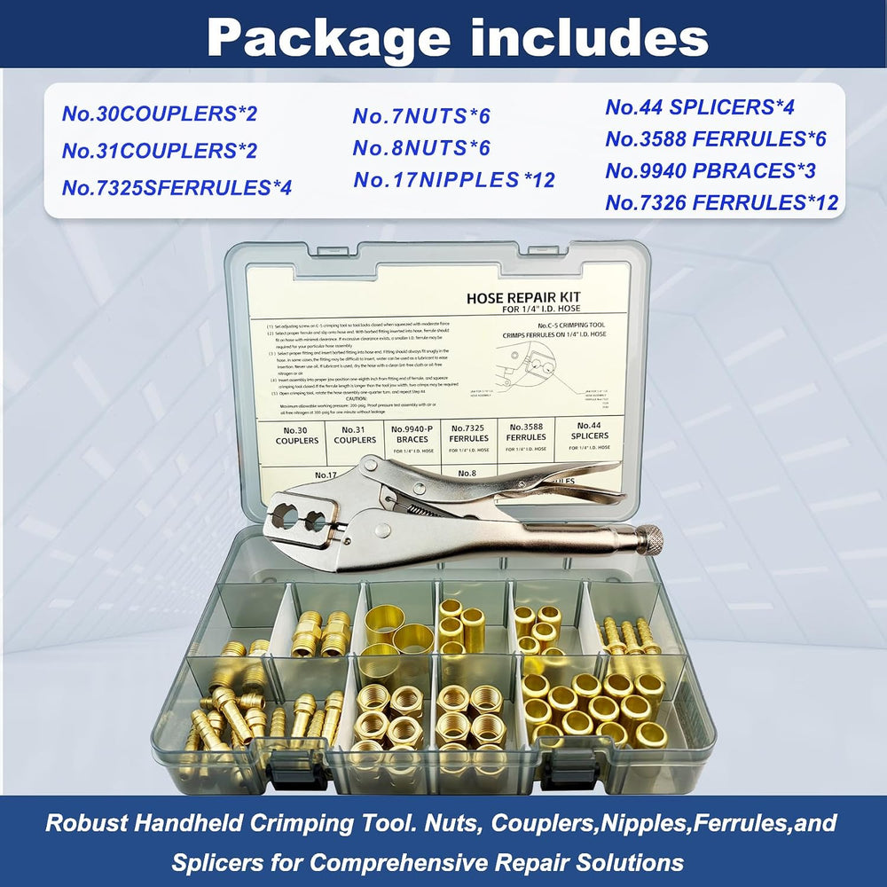 58PCS Hose Repair Kit, 1/4 I.D.Torch Hose Repair Kit, Air Hose Crimper Tool