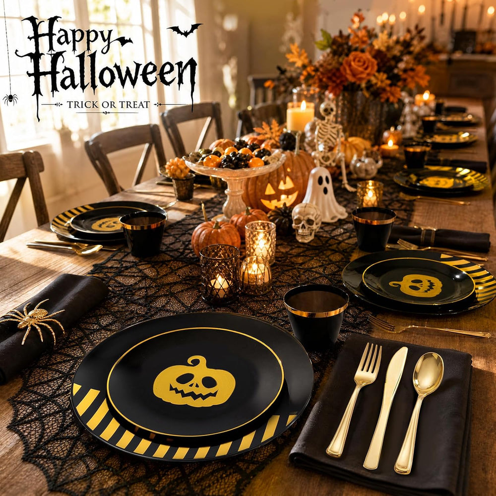 KIRE 25 Guest Halloween Plates Black Gold Plastic Plates Smiley Pumpkin inclu...